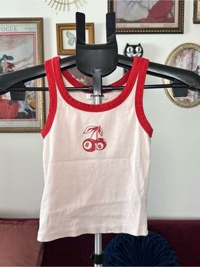 RSQ White Tank Top with Red Trim and Cherry Graphic